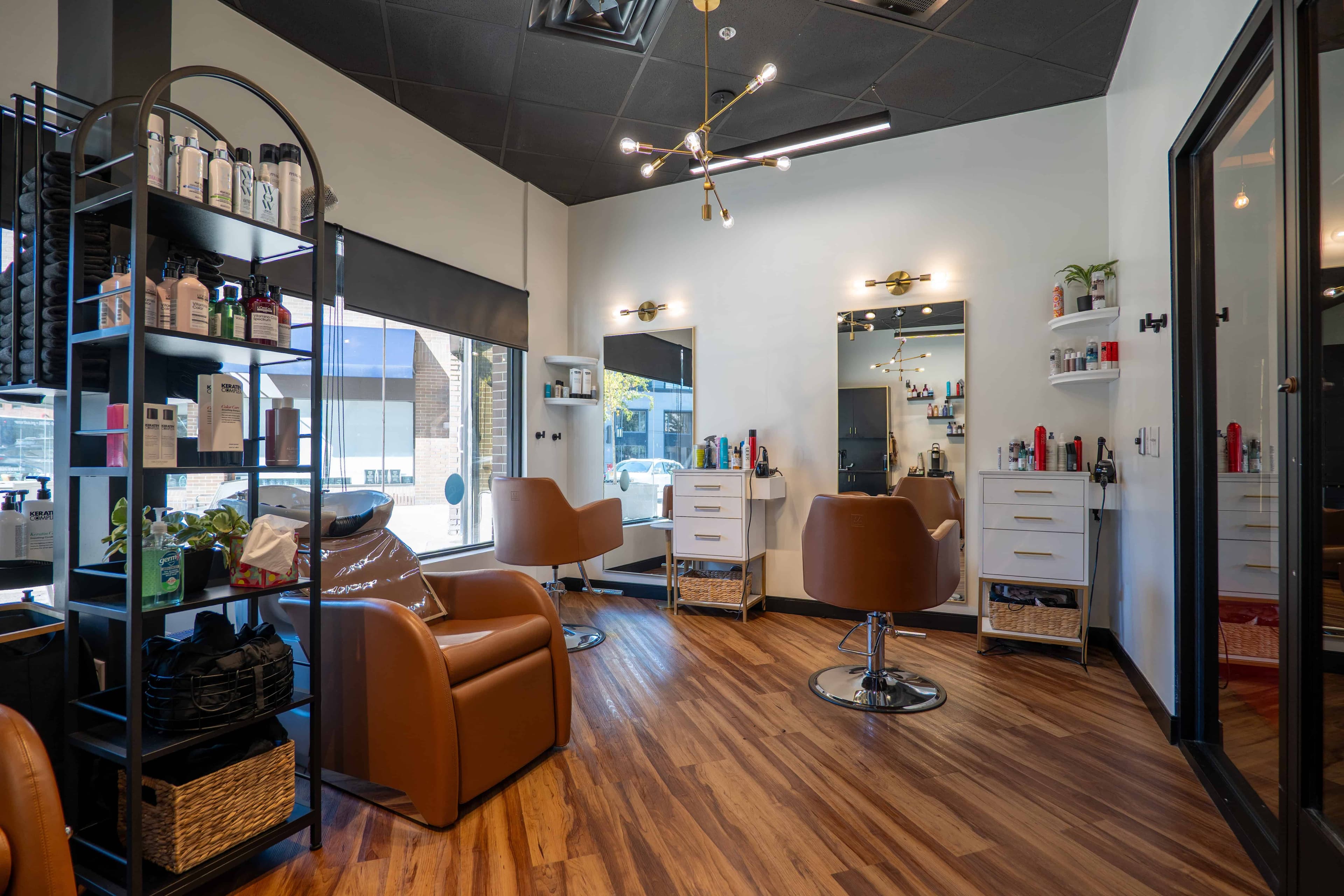 Taylor Cosmo salon suite with styling stations and wash bowl
