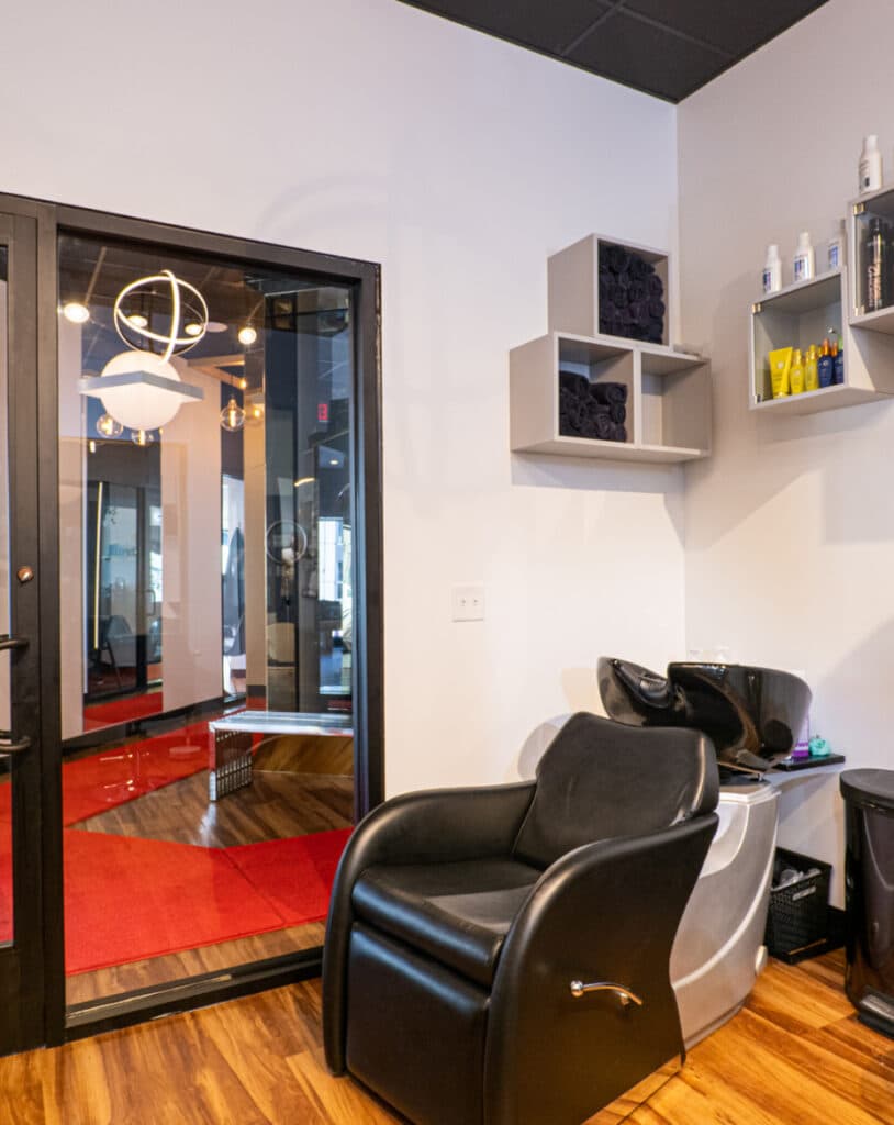 Close-up of a Cosmo salon suite styling chair and mirror