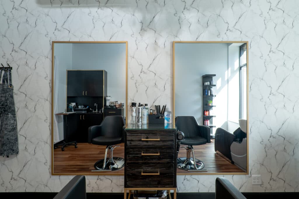 Detail view of a finished Cosmo salon suite interior in Dearborn